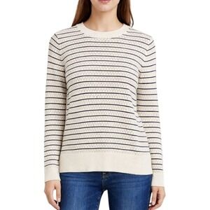 Tory Burch Sport Women Ivory Navy Blue Striped Pointelle Knit Crewneck Sweater M